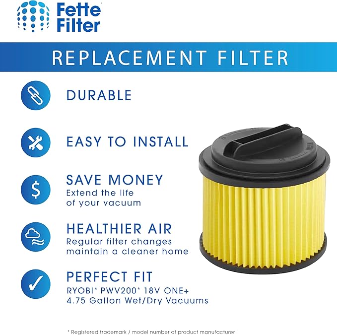 Fette Filter - Replacement Filter Compatible with Compatible with RYOBI PWV200 PWV201 PWV200B 18V ONE+ 4.75 Gal. Wet/Dry Vac, Compare to Part # A32RF03N. Pack of 2