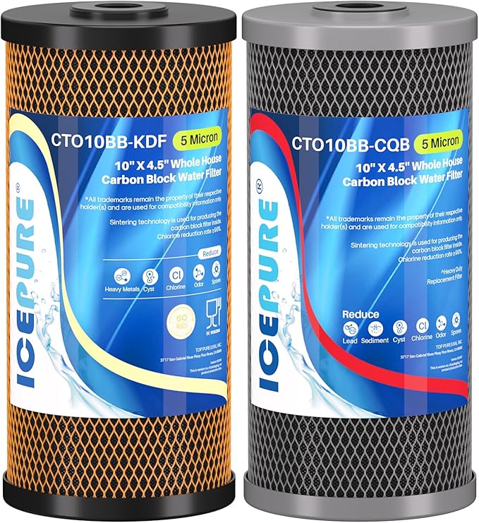 ICEPURE 2-Stage 10" x 4.5" Whole House Water Filter Set, 5 Micron KDF and Upgraded Coconut Shell Activated Carbon Lead Removal Filter Cartridges Replacement for 10 Inch Water Filter System, Pack of 1