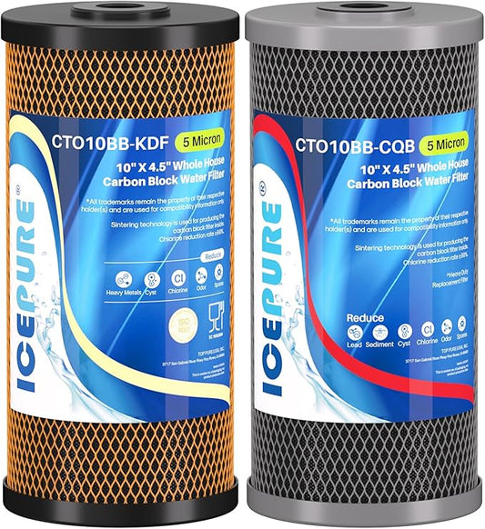 ICEPURE 2-Stage 10" x 4.5" Whole House Water Filter Set, 5 Micron KDF and Upgraded Coconut Shell Activated Carbon Lead Removal Filter Cartridges Replacement for 10 Inch Water Filter System, Pack of 1