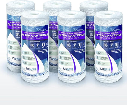 High Capacity Wound String 5 Micron Sediment Water Filter Cartridge 10” x 4.5” Removes Sand, Dirt, Silt, Rust, Extended Filter Life Compatible with 355215-45, 84637, PC10, WP1097P, WPX597P (6 Pack)