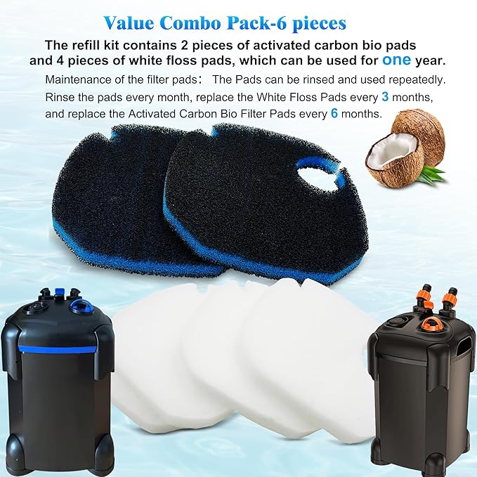 Large Cotton White Floss Pads and Activated Carbon Sponge Bio Filter Pads Refill Kit for AMOSIJOY Aquarium Canister Filter, Compatible with 396/528/660GPH Canister Filter (Large for 396/528/660GPH)