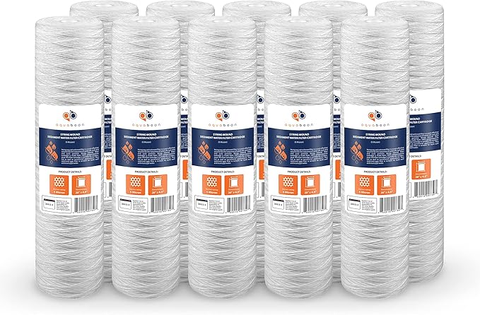 Aquaboon 5 Micron 20 x 4.5 Whole House String Wound Water Filter Replacement Cartridge for Well Water Filtration Compatible with WP5BB20P, 10-Pack