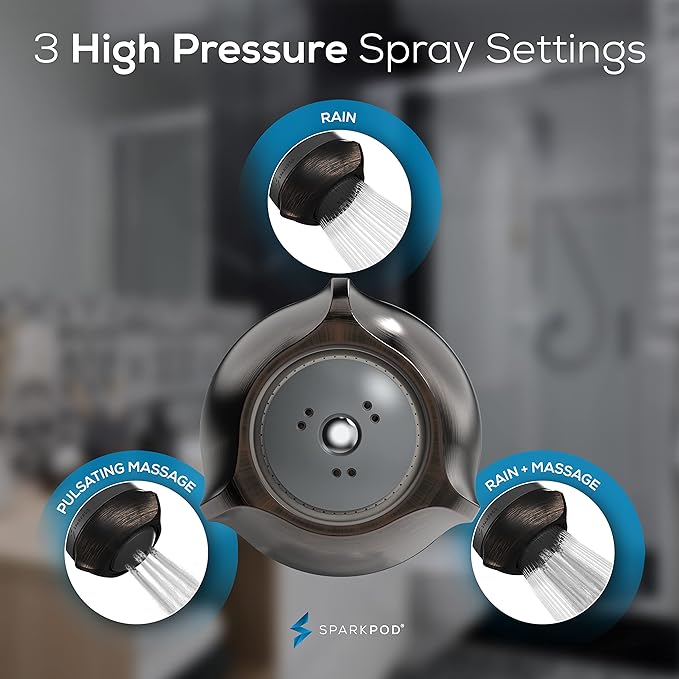 SparkPod 3-Inch Extreme High Pressure Shower Heads - Pressure Boosting with Rain, Massage & Pulsating Mode, Powerful Water-Saving Showerhead - 2.5 GPM Fixed Shower Head (Vintage Oil-Rubbed Bronze)