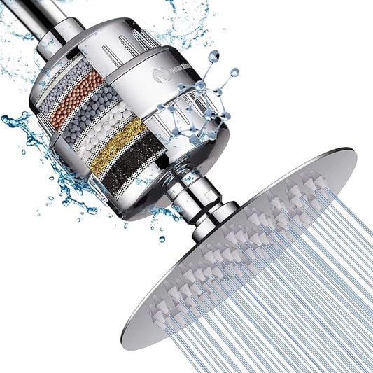 NearMoon Shower Head and 15 Stage Shower Filter Combo, High Pressure Filtered Shower for Hard Water, Improves the Condition of Your Skin, Hair (6 Inch, Chrome)