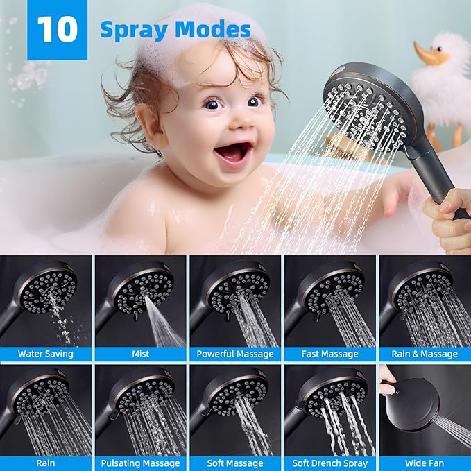 Hibbent 5-spray 13'' Dual Filtered Rainfall Shower Head Combo, High Pressure 10-setting Handheld Shower Head with 12'' Adjustable Extension Arm, 20 Stage Shower Filter, 71'' Hose, Oil Rubbed Bronze