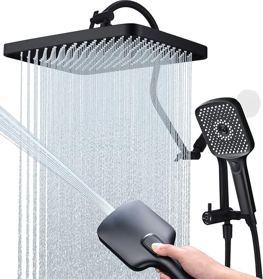 13 Inch Rainfall Shower Head with Multi-Function Handheld Sprayer Combo, 3-Way Metal Extended Diverter with Holder and Metal Adjustable Curved Shower Extension Arm, Extra Long Hose Matte Black