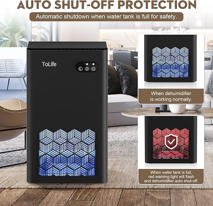ToLife Dehumidifier for Bedroom Bathroom Basements, Dehumidifier with 2 Working Mode, Auto Shut Off, 7 Colors LED Light, Black