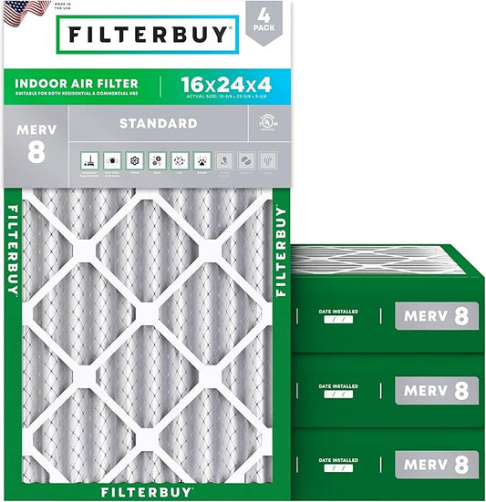 Filterbuy 16x24x4 Air Filter MERV 8 (MPR 700) Dust Defense Replacement (4-Pack), Electrostatic Pleated HVAC AC Furnace Filters, Made in USA (Actual Size: 15.38 x 23.38 x 3.63)