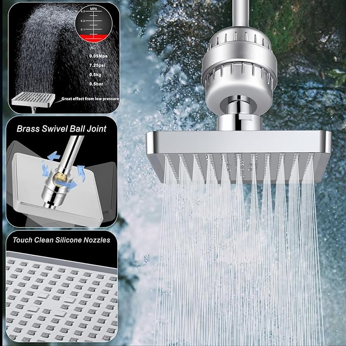 Voolan Filtered Shower Head - 20 Stage Luxury Rain Shower Filter For Hard Water for Remove Chlorine and Harmful Substances - 6" Square High Pressure Rainfall Showerhead (Chrome)