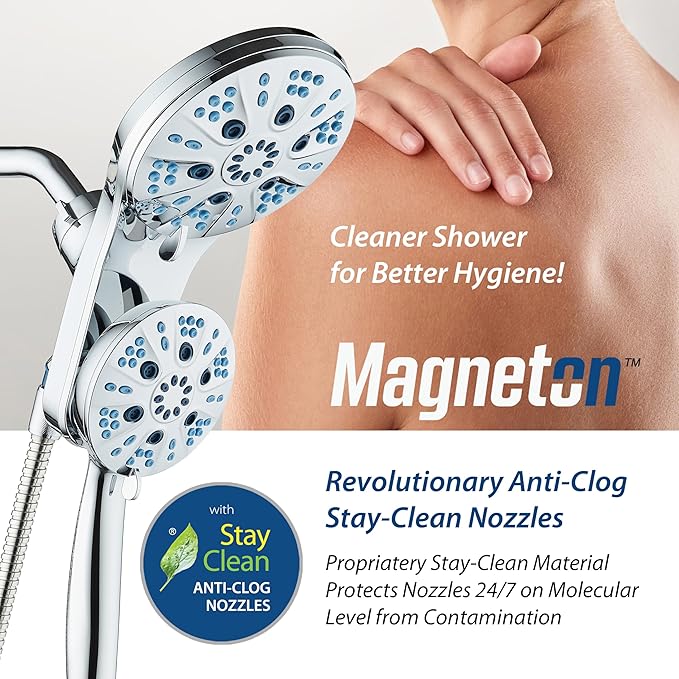 AquaCare Magneton High-Pressure 48-mode Luxury 3-way Combo System with Magnetic Guidance Docking, Giant Rain & Handheld Shower Head, Hygienic Jets and 6 ft. Stainless Steel Hose, All Chrome Finish