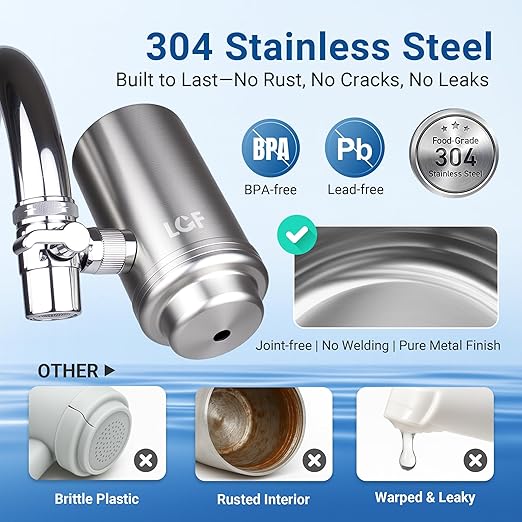 LCF 360° Rotating Stainless-Steel Faucet Water Filter - High Flow, Mineral-Enhanced Tap Water Filter, Reduces Chlorine, Heavy Metals and Bad Taste, Easy Install, 320 Gallons, Kitchen Sink Ideal