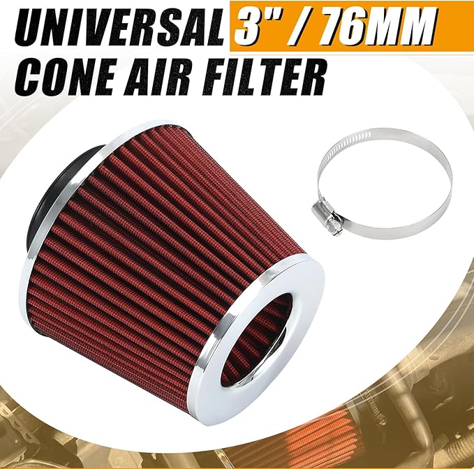 PTNHZ Universal Red 3" 76mm High Flow Cold Air Intake Cone Air Filter Power Intake Air Inlet System Air Cleaner