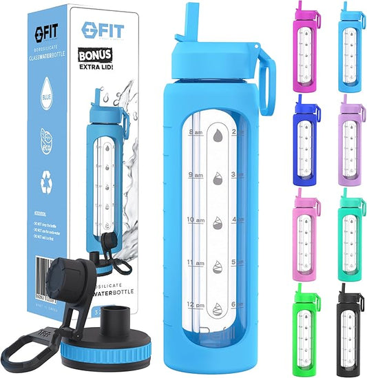 FIT Strong & Healthy 32 oz Glass Water Bottle with Straw Lid, Time Marker, Sleeve & Extra Lid - Motivational, Wide Mouth 1 Liter Glass Drinking Bottle