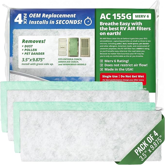 AC Filter - Air Conditioner Replacement Filters - RV Air Cleaner - Camper Accessories for Travel Trailers - Easy to Install Vent Filter - 9.875 x 3.5 x 0.75 in (8 Filters for AC 155G)