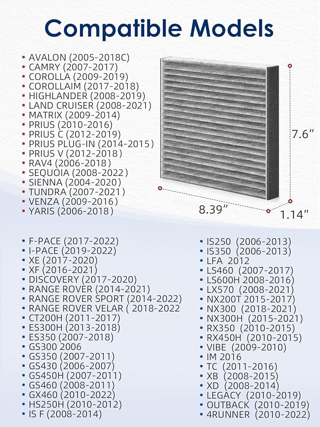 CF10285 Cabin Air Filter with Activated Carbon, Replacement for CP285 Toyota Lexus Scion Camry Corolla Tundra Highlander Prius, A/C In-Cabin Car Filters, 10-Pack