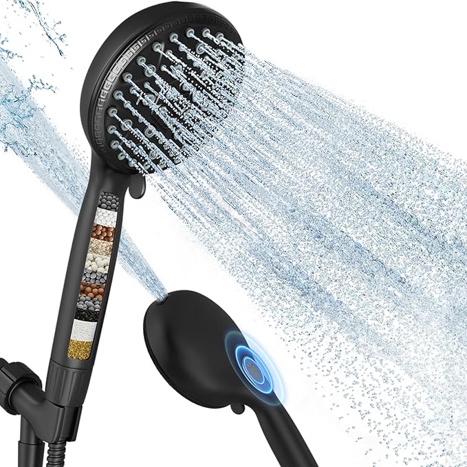 Filtered Shower Head with Handheld,7 Spray Settings High Pressure Showerhead Built in Power Wash to Clean Tub, Tile & Pet, Showerhead with Filters for Hard Water - Remove Chlorine, (black)