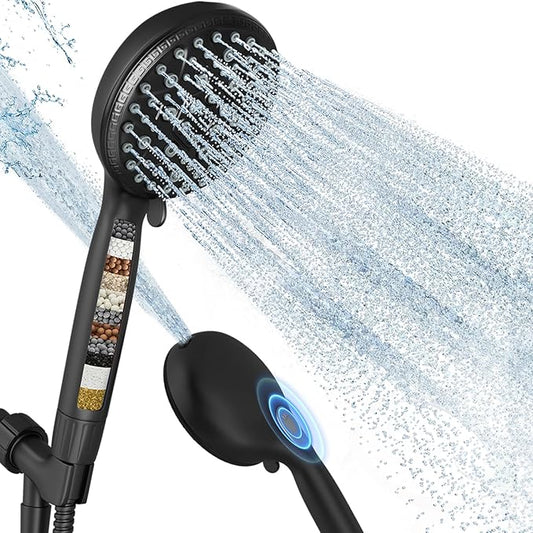 Filtered Shower Head with Handheld,7 Spray Settings High Pressure Showerhead Built in Power Wash to Clean Tub, Tile & Pet, Showerhead with Filters for Hard Water - Remove Chlorine, (black)