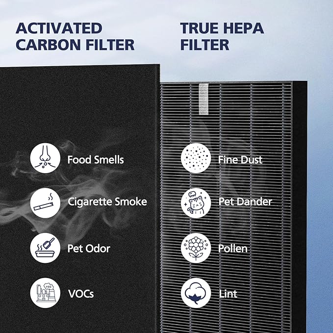 2 Pack C545 HEPA Smoke Replacement Filter S Compatible with Winix C545 Air Purifier, Replaces Part 1712-0096-00 and 2522-0058-00, 2 HEPA Filter + 8 Activated Carbon Filters, Black