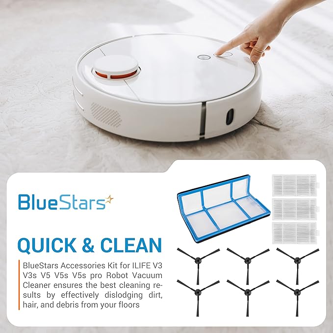 BlueStars Ultra-Durable Replacement Accessories Parts Kit For ILIFE V3 V3s V5s V5s pro Robot Vacuum Cleaner | 1 Primary Filter 3 HEPA Filters 6 Side Brushes