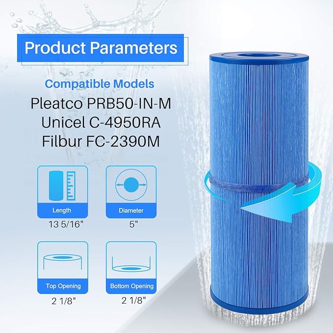 POOLPURE Antimicrobial Spa Filter Replacement for Pleatco PRB50-IN-M, Unicel C-4950RA, Guardian 413-212-02, Filbur FC-2390M,17-2380,Jacuzzi J200 Series Filter,373045, 5X13 Hot Tub Filter, 2 Pack