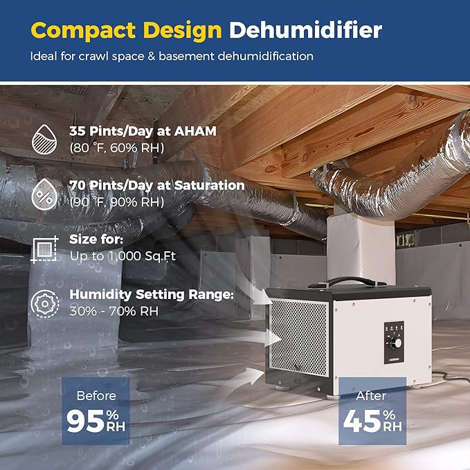 ALORAIR 70 PPD Crawl Space Dehumidifier, Crawlspace Dehumidifiers Commercial Dehu for Home and Basements, Compact, Portable, Auto Defrost, Memory Starting, cETL, 5 Years Warranty