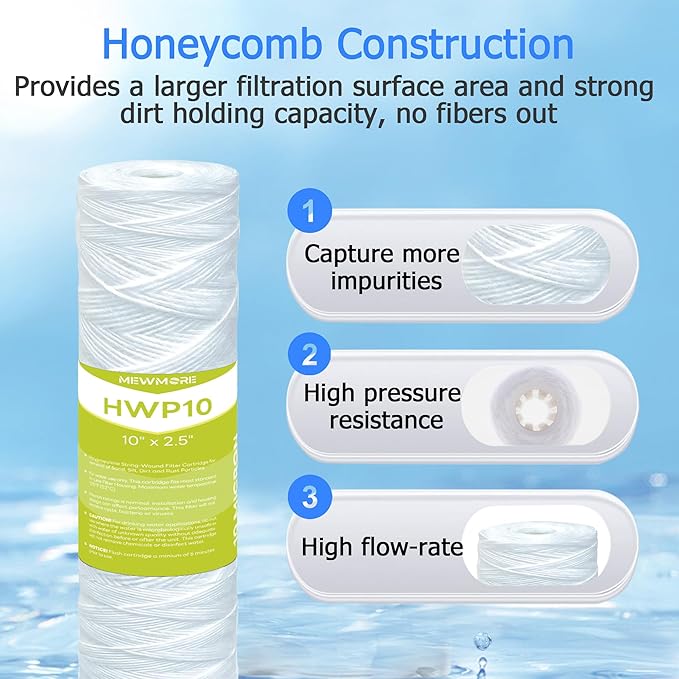 10 Micron Whole House Water Filter Cartridge, String Wound Sediment Filters for Well Water, Universal Replacement for Any 10 inch RO Unit - 10" x 2.5" Cartridges - Pack of 6