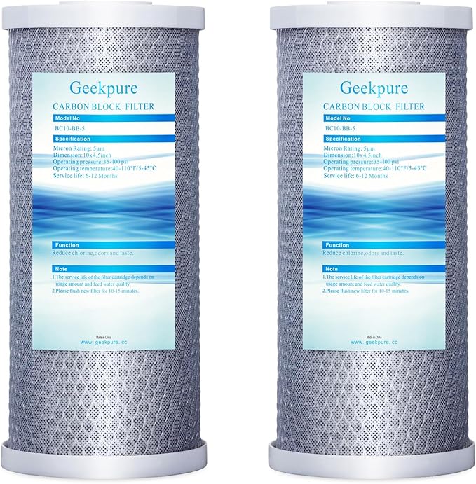 Geekpure 10-Inch Carbon Block Replacement Water Filter Cartridge for Whole House System-4.5" x 10"-5 Micron (2)