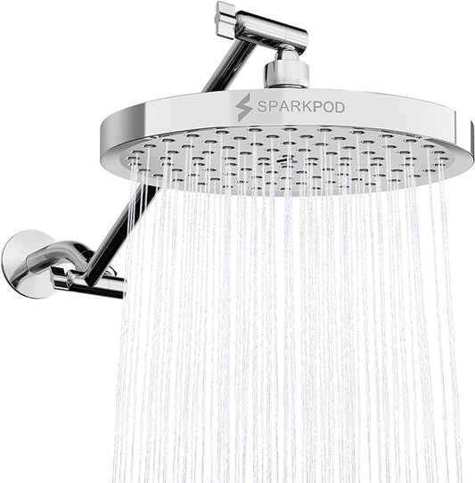 SparkPod Round Rain Shower Head with Shower Head Extension Arm - High Pressure Rain - Luxury Modern Look - No Hassle Tool-less 1-Min Installation (11" Shower Arm Extension, Luxury Polished Chrome)