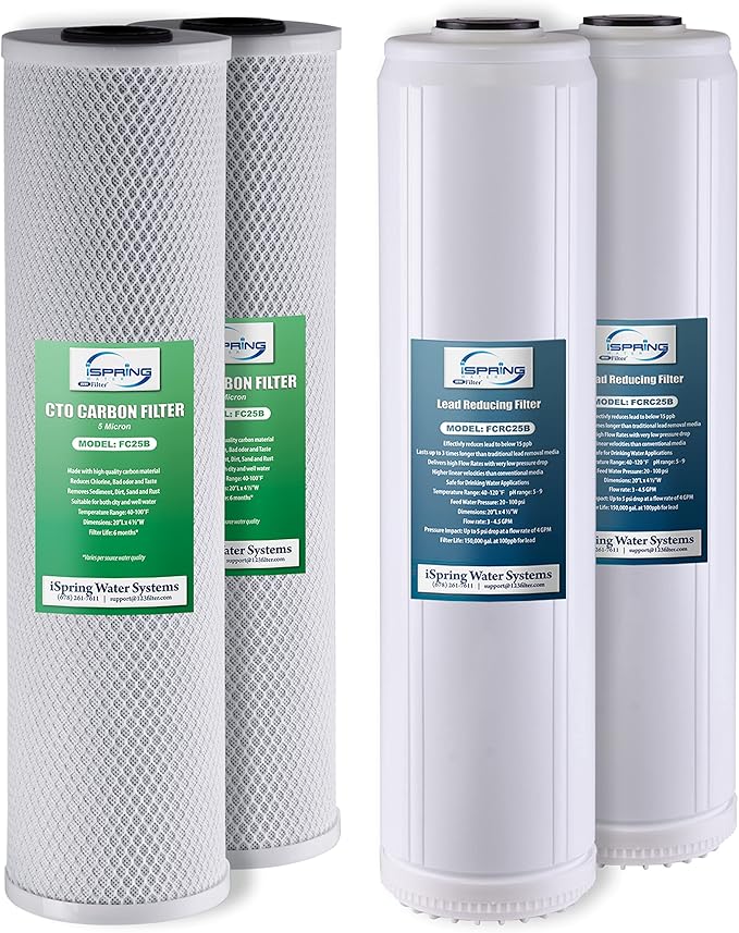 iSpring F4WGB22BPB 4.5” x 20” 2-Stage Whole House Water Filter Replacement Pack Set with Carbon Block and Lead Reducing Cartridges, Fits WGB22B-PB