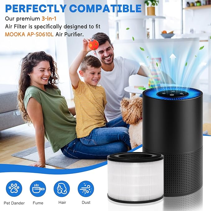 AP-S0610L Air Filter Replacement Compatible with Mooka, 3-in-1 H13 Ap-s0610l Replacement Filter, Pre-Filter Activated Carbon Fit for Mooka Air Puri-fier, 2 PC, White