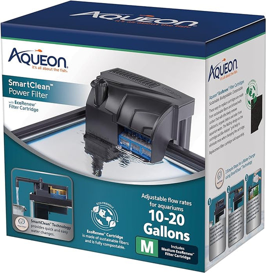 Aqueon SmartClean Power Filter with EcoRenew Filter Cartridge, Quick and Easy Water Changes, Quiet Operation, Adjustable Flow, for 10-20 Gallon Freshwater and Saltwater Aquariums, Medium
