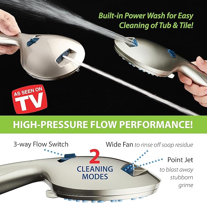 Hotel Spa AquaCare As-Seen-On-TV High Pressure Handheld & Rain 50-mode 3-way Shower Head Combo with Anti-clog Jets, 2-mode Tub & Pet Power Wash, Extra Wall Bracket, 6 ft. Hose, Nickel Finish