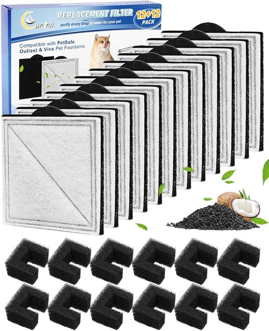 12+12 Pack Pet Water Fountain Filter Kit Fit for Viva Pet Water Fountains for Cats and Dogs, Replacement Carbon Filters Compatible with PetSafe Outlast Fountain