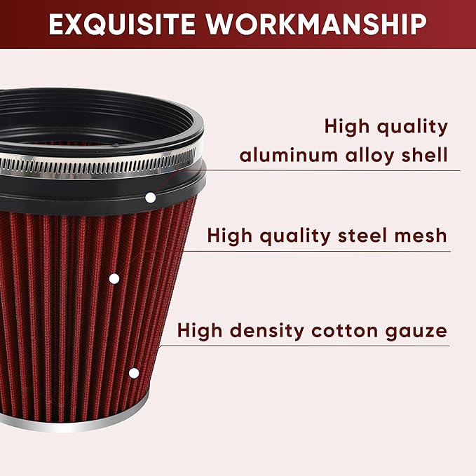 6" 152mm Cold Air Intake Filter Clamp-On Replacement High Flow Inlet Air Filter High Performance Washable Cone Filter 7" Tall Red