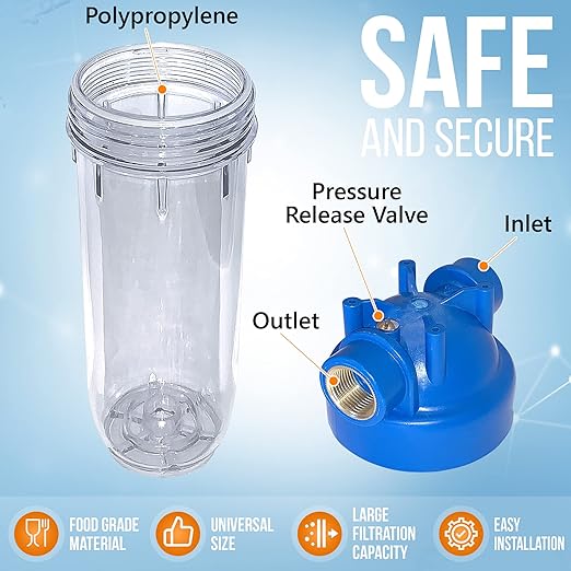 10 Inches European Design Transparent Standard Whole House Water Filter System with Presser Relief Valve, 3/4” Inlet/Outlet Brass Port and Yearly Supply (4) Sediment Cartridges 5 Micron