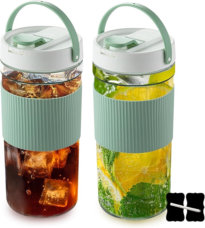 2-Pack Glass Mason Jar Water Pitcher with Lids, 67FL OZ (2000ML) - Large Wide Mouth, Pour Spout & Handle for Cold Brew Tea, Iced Coffee & Cold Drinks - Ideal for Refrigerators & Kitchens containers