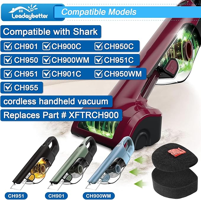 Leadaybetter 6 Pack Filters Replacement For Shark CH901 and CH951 Cordless Handheld Vacuum，Foam & Felt Replacement Kit for CH951C CH900WM UltraCyclone Pet Pro Plus, Compatible with Part #XFTRCH900