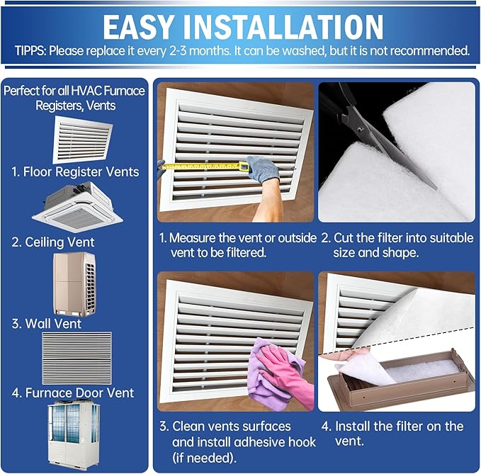 UBeesize Air Vent Filters Kit - 20" x 100" Cut to Size Air Filter Material (70+ Filters), With Adhesive Hook Tape for Home Floor, Grilles, Ceiling, HVAC Furnace Vents