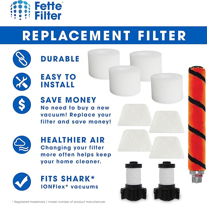 Fette Filter -Replacement Kit Compatible with Select Shark ION Flex DuoClean (Combo Pack - 1 Soft Brush Roll, 2 Foam & Felt Filter Kit, 2 Post-Motor Filter)