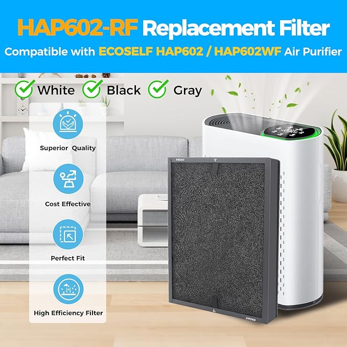 1 Pack HAP602 Replacement Filter Compatible with ECOSELF HAP602 HAP602WF Air Purifier, 3-in-1 Filtration H13 True HEPA HAP602WF Replacement Filter (1 Pack)