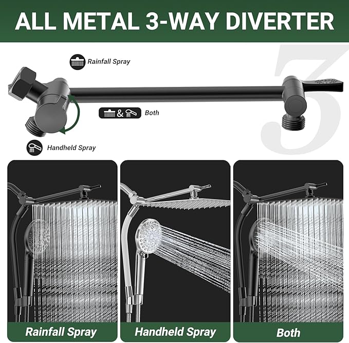 All Metal 3-Way Rain Shower Head,10 Spray High Pressure Showerhead Combo,Shower Filter Head For Hard Water, Adjustable Bar Upgrade Dual Shower Head-Reduces Dry Itchy Skin Black