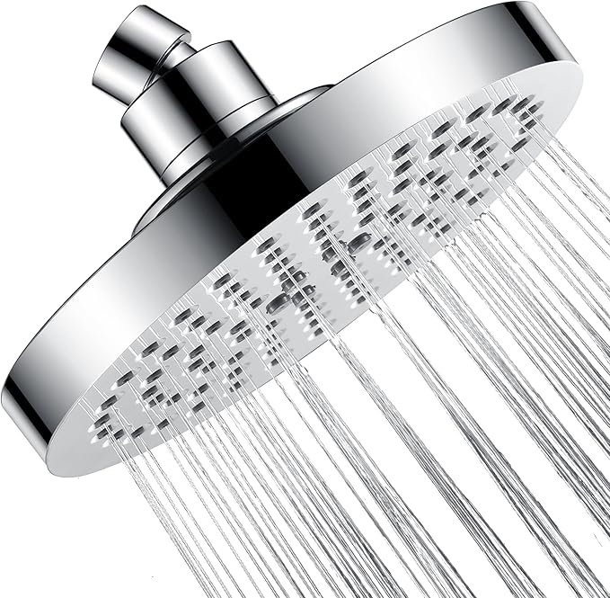 BRIGHT SHOWERS High Pressure Shower Head, 6 Inch Rain Shower Head, 2 Spray Settings Rainfall Shower Heads, Adjustable Angle Replacement Bathroom Showerhead, Easy Installation Polished Chrome