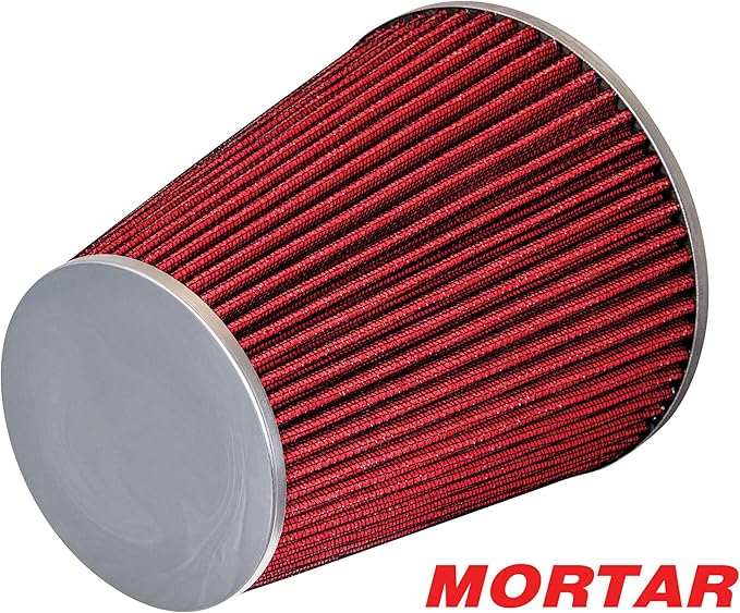 Mortar Aftermarket Auto Air Filter - Car Enthusiast Class Universal Cold Air Intake Gulps in More Air for More Engine Power & Passionate Induction Sound, 8-In-Long, Flange ID 4 In, Red