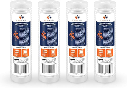 Aquaboon Whole House 1 Micron 10 x 2.5 PP Grooved Sediment Water Filter Cartridge Replacement Compatible with AP110, WHKF-GD05, CFS110, P5, 4-Pack