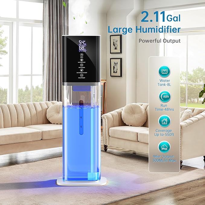 Humidifiers Large Room Bedroom with 7 Colors Light,Honovos 8L 2.1Gal Quiet Ultrasonic Cool Mist Topfill Humidifier with 360° Nozzle 3 Speed Humidistat Essential Oil Tray for Baby Home Plant Yoga Sleep