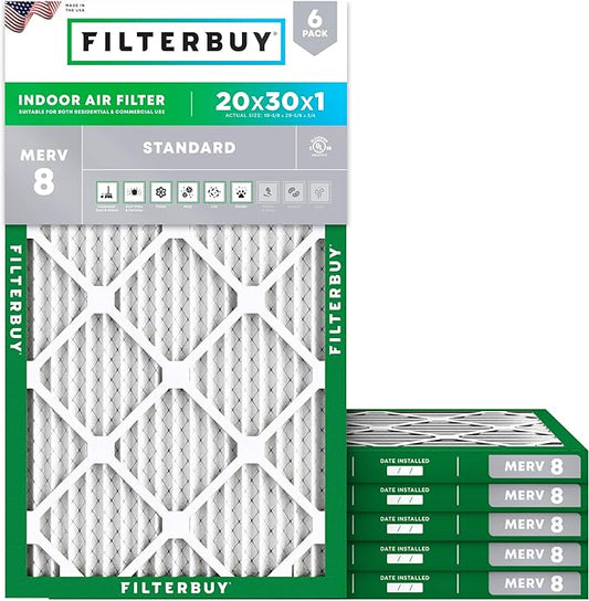 Filterbuy 20x30x1 Air Filter MERV 8 (MPR 700) Dust Defense Replacement (6-Pack), Electrostatic Pleated HVAC AC Furnace Filters, Made in USA (Actual Size: 19.63 x 29.63 x 0.75)