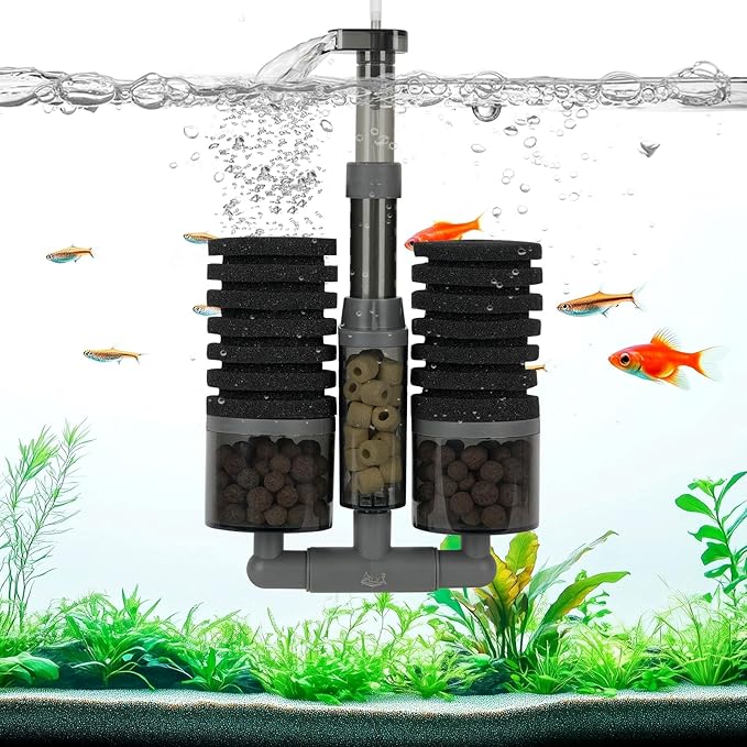 AQQA Aquarium Filter, Dual Sponge Fish Tank Filters (No Pump),Multi-Stage Filtration Clean Water, Adjustable 360°Water Outlet, Air-Driven Dissolved Oxygen,Suitable for Freshwater and Saltwater S