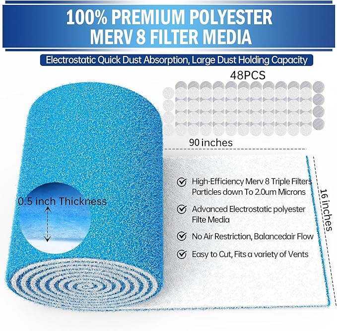 UBeesize Air Vent Filters, 16" x 90" Cut to Size Air Filter Material (50+ Filters), MERV 8 Triple Vent Filter Kit for Home Floor, Grilles, Ceiling, HVAC Furnace Vent, With 48PCs Adhesive Hook Tape