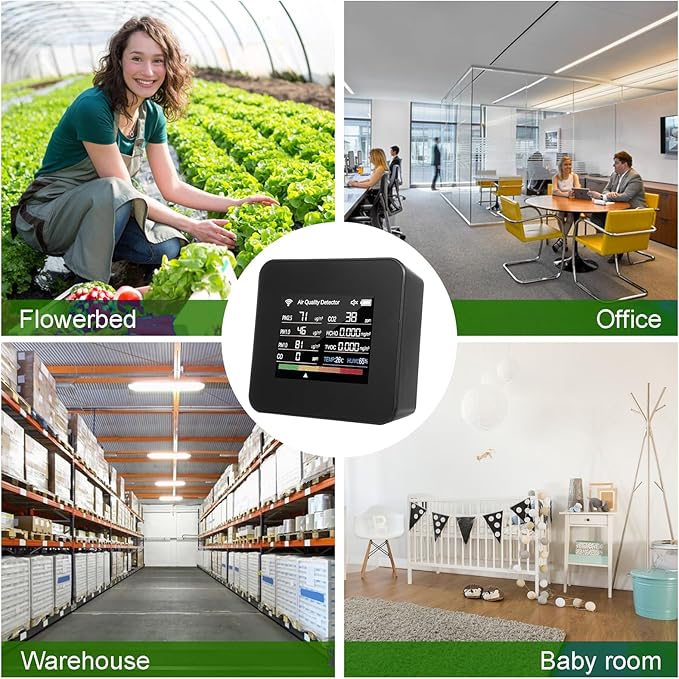 14 in 1 Indoor Air Quality Monitor Air Quality Detector CO₂ CO TVOC HCHO Temperature Humidity PM2.5 PM1.0 PM10 Desktop Air Quality Tester with Time/Date/Alarm Clock/Timer/Stopwatch Support APP Control