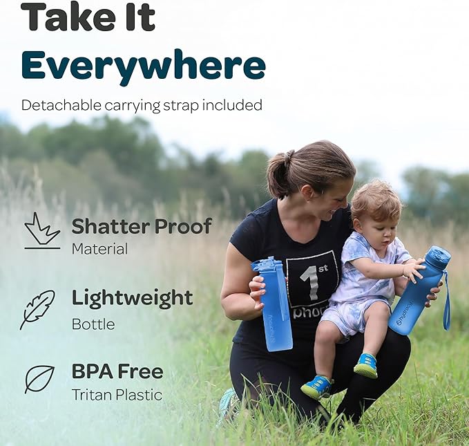 Hydracy Water Bottle with Time Marker -Large BPA Free Water Bottle & No Sweat Sleeve -Leak Proof Gym Bottle with Fruit Infuser Strainer & Times to Drink -Ideal for Fitness Sports & Outdoors